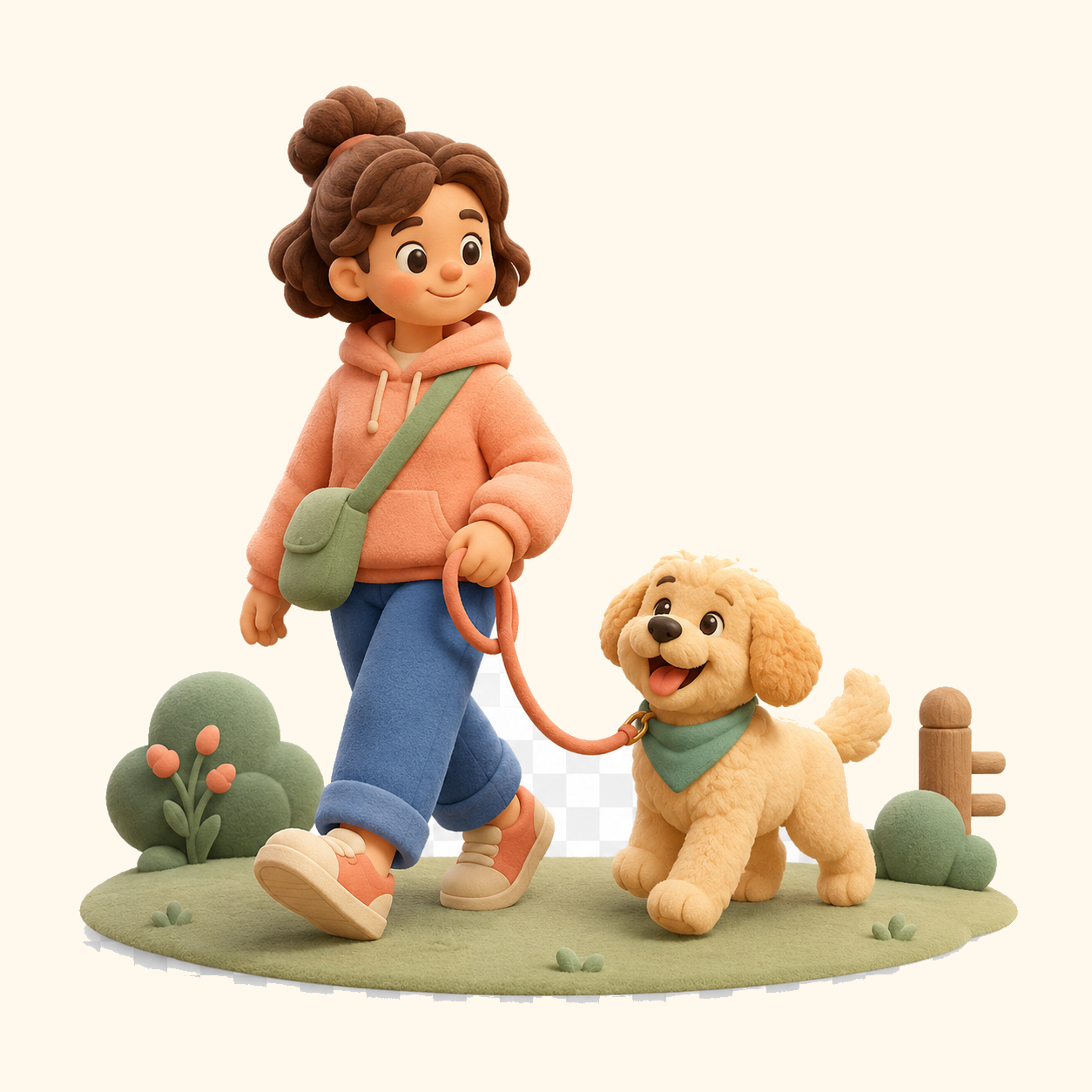 A claymation owner walking her dog on a leash through a park